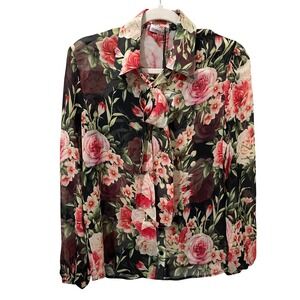 Lilysilk x MIM Sheer 100% Mulberry Silk Floral Blouse Black Pink Size M